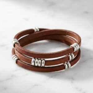 Leather Wrap Bracelet with Silver Beads
