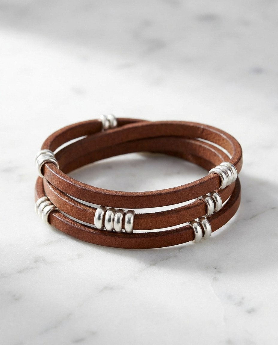 Leather Wrap Bracelet with Silver Beads